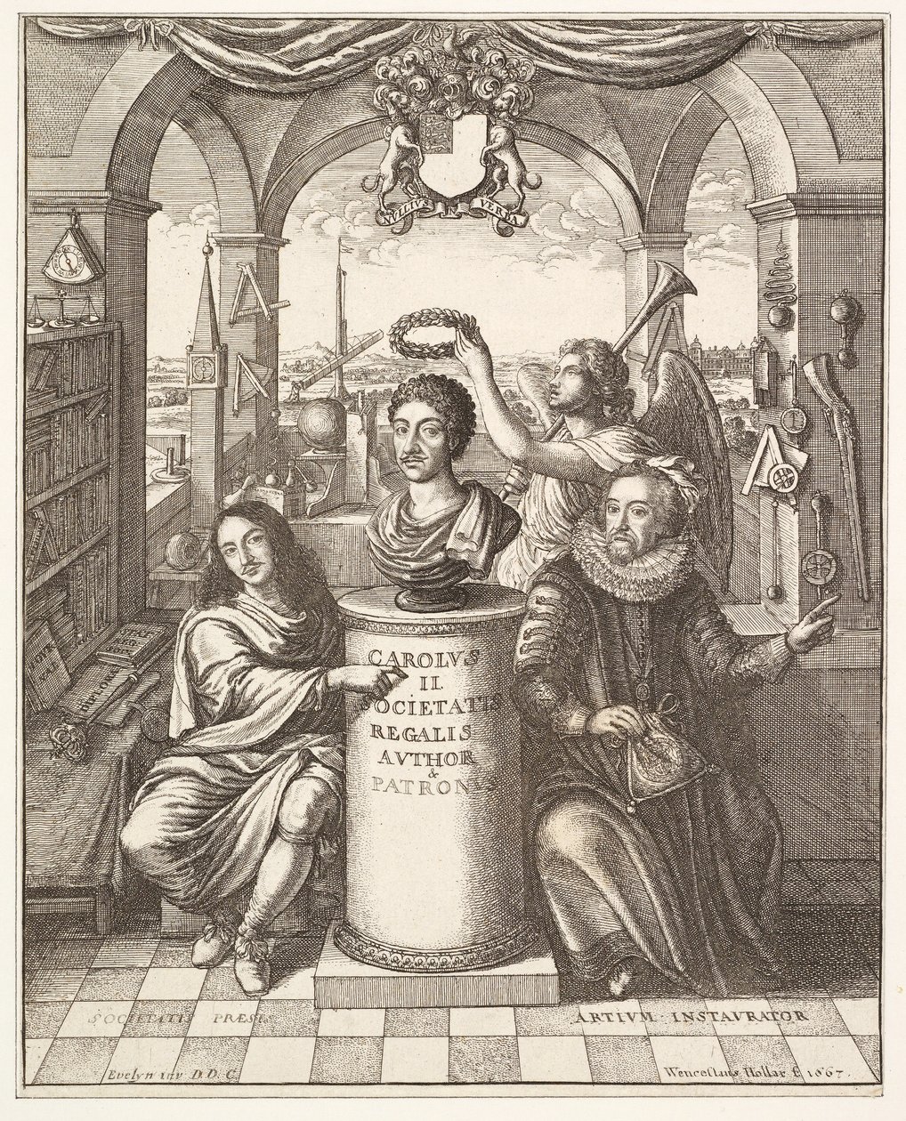 Frontispiz der Geschichte der Royal Society of London von Thomas Spratt, veröffentlicht 1702 von Wenceslaus Hollar