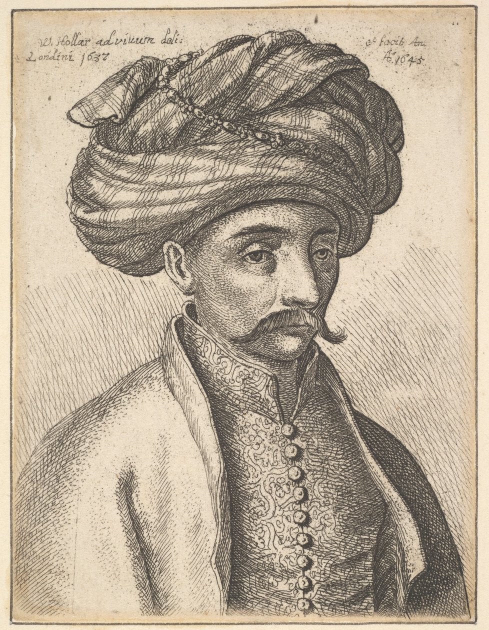 Kopf und Schultern eines türkischen Mannes, mit Schnurrbart und großem Turban von Wenceslaus Hollar