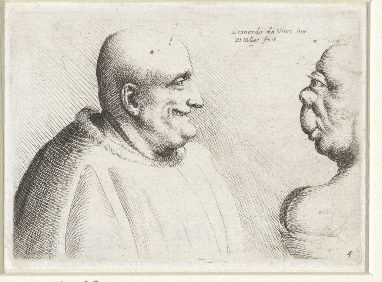 Köpfe eines großen kahlen Mannes und einer grotesken Frau von Wenceslaus Hollar