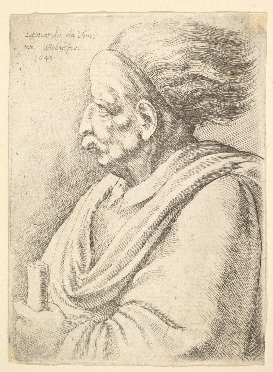 Mann mit karikierten Gesichtszügen und nach hinten fliegendem Haar, halb links, 1648 von Wenceslaus Hollar