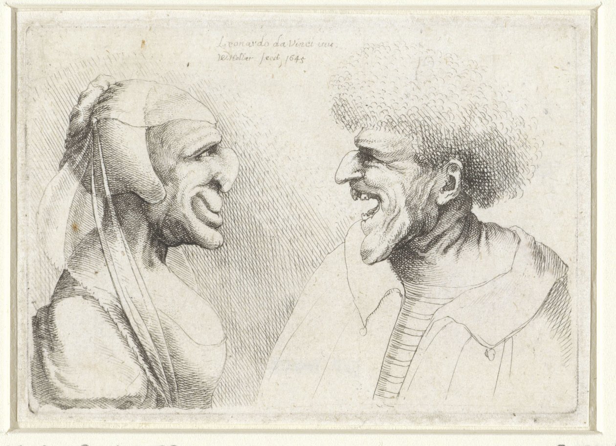 Missgestaltete Köpfe eines lachenden Mannes und einer Frau mit Haube von Wenceslaus Hollar