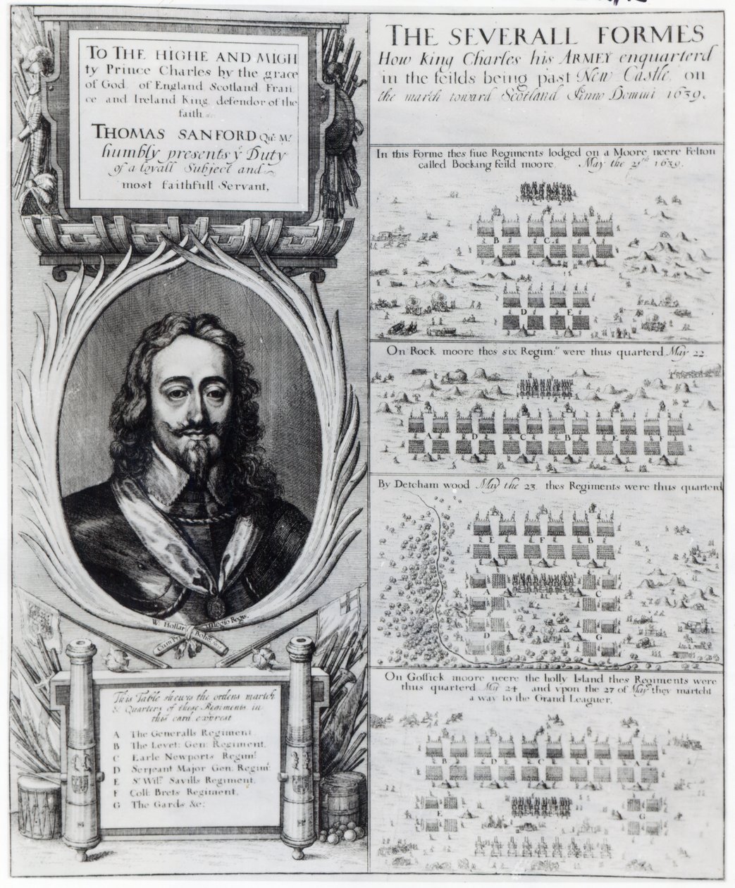 Porträt von König Karl I. mit Diagrammen zur Formation seiner Truppen während des Bischofskriegs, ca. 1639 von Wenceslaus Hollar