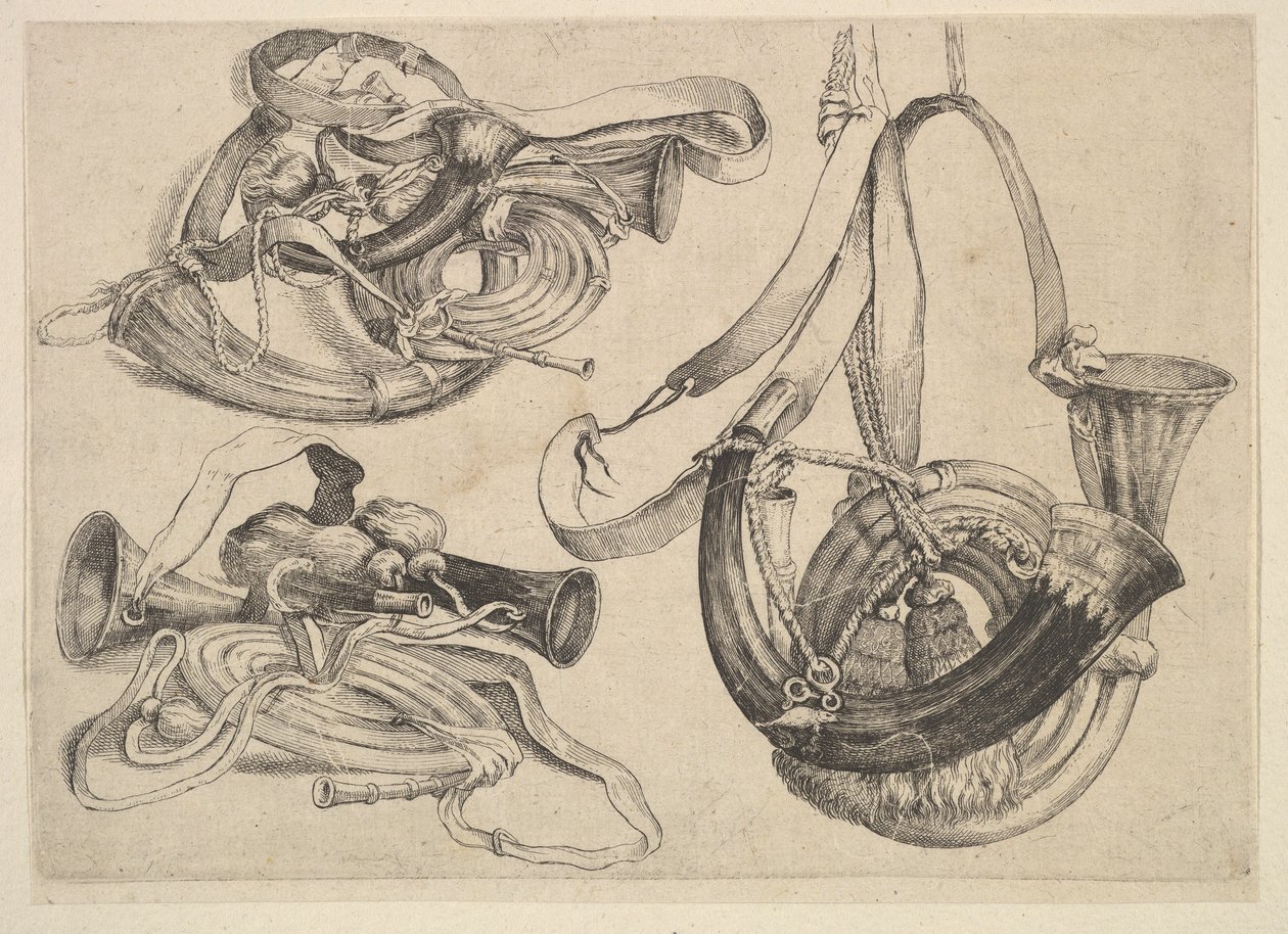 Sieben Jagdhörner in drei Gruppen von Wenceslaus Hollar