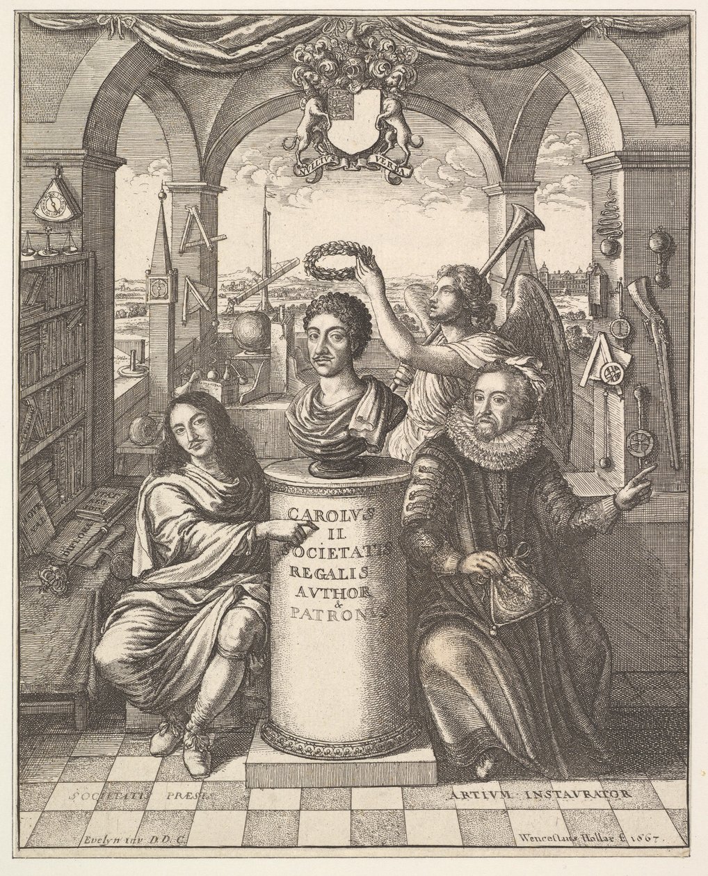Die Royal Society, Frontispiz zu Thomas Sprat, Die Geschichte der Royal Society von Lond..., 1667 von Wenceslaus Hollar