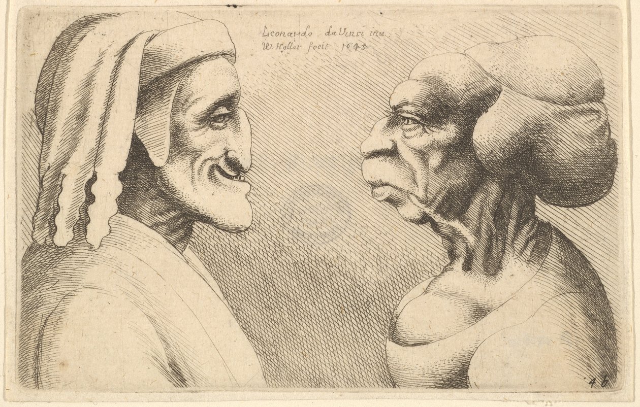 Zwei deformierte Köpfe, die Figur links ist möglicherweise eine Karikatur von Dante, 1645 von Wenceslaus Hollar