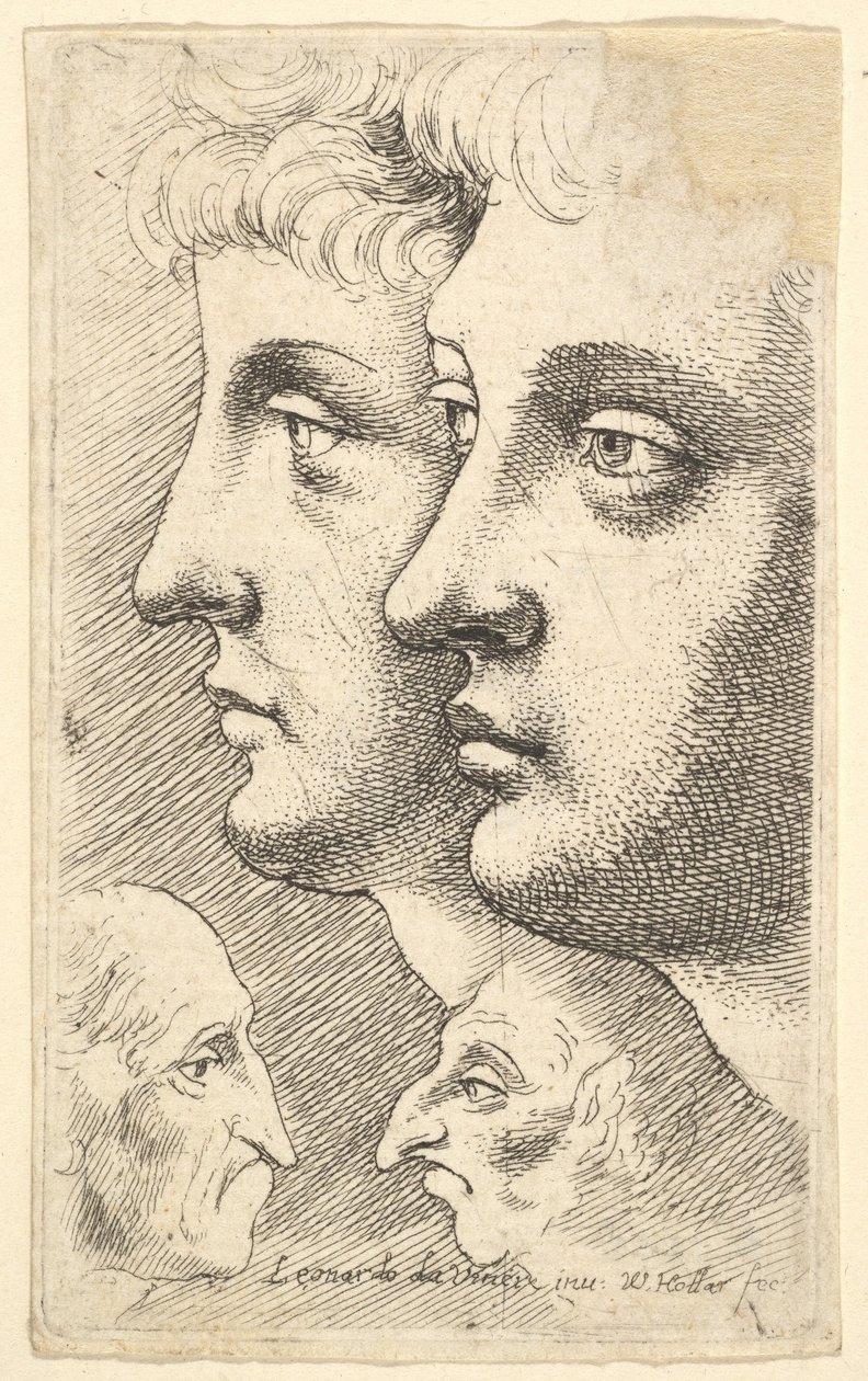 Zwei Jugendliche im Profil mit zwei grotesken Köpfen darunter von Wenceslaus Hollar