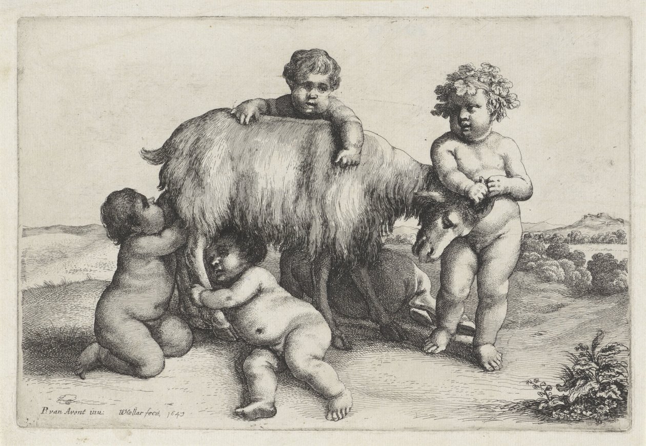Vier Jungen, ein Satyr und eine Ziege nach rechts stehend, Putti und Satyrn (Serientitel) von Wenceslaus Hollar