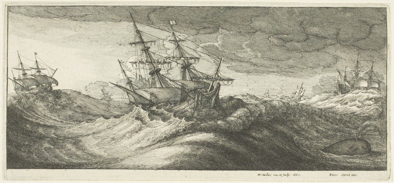 Kriegsschiffe und ein spritzender Wal von Wenceslaus Hollar