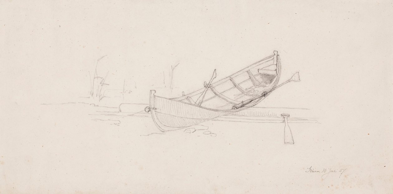 Ruderboot auf einen Baumstamm an Land gezogen von Werner Holmberg