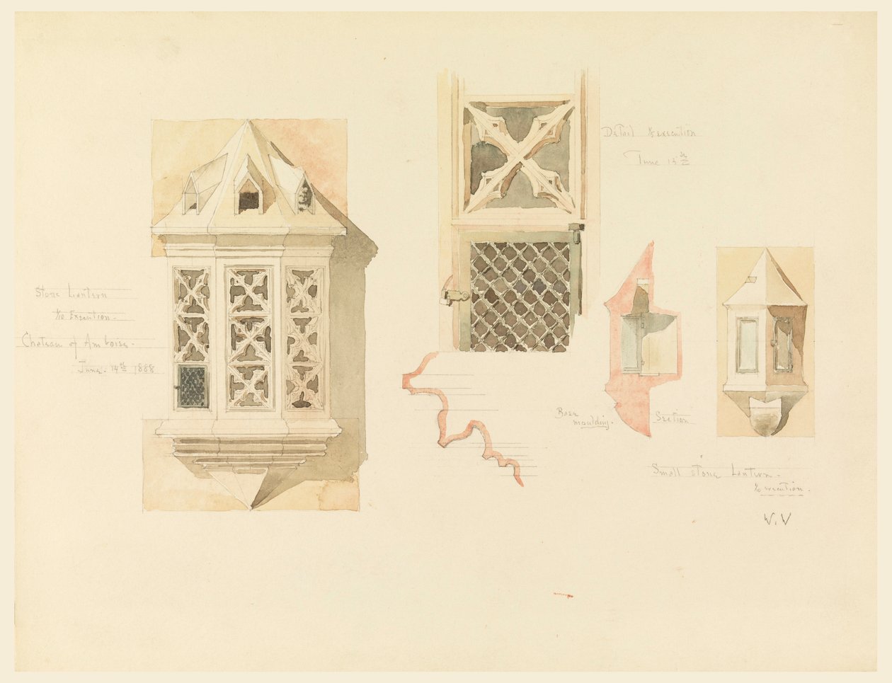 Darstellung von zwei Steinkandelabern, vom Schloss in Amboise, Frankreich, 14.-15. Juni 1888 von Whitney Warren Jr.