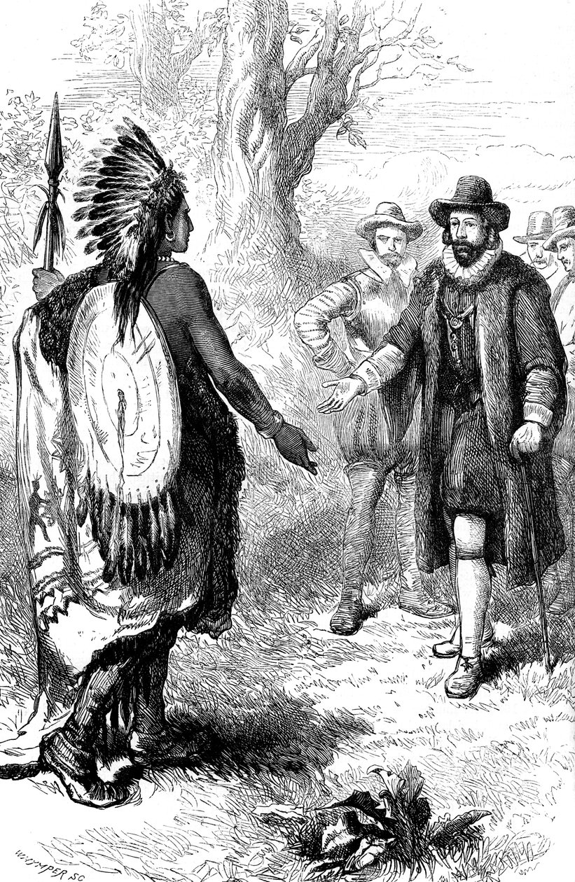 Empfang eines Narragansett-Kriegers durch John Winthrop, Massachusetts, um 1630er Jahre, um 1880 von Whymper