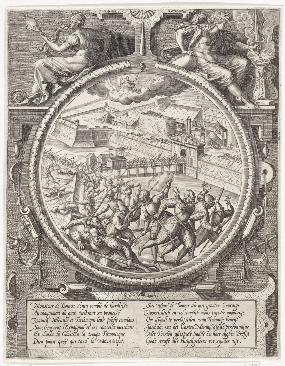 Die Truppen von Bourse vertreiben die deutschen Soldaten von Treslong und Merville aus der Zitadelle, 1577 (Serientitel: Medaillons mit der Eroberung der Zitadelle von Antwerpen 1577) von Wierix