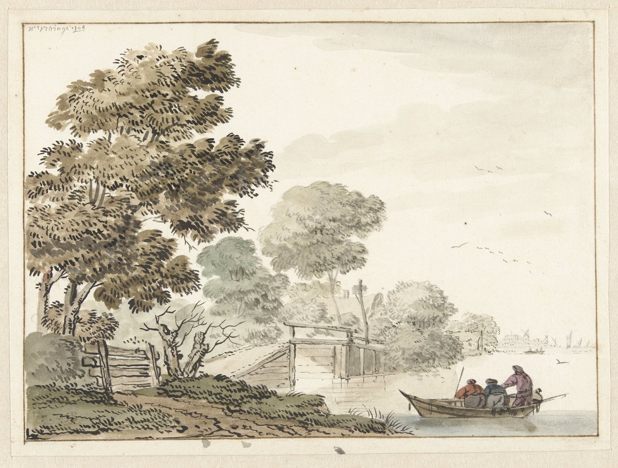 Landschaft mit einer Holzbrücke und Bäumen entlang eines Kanals von Wigerus Vitringa