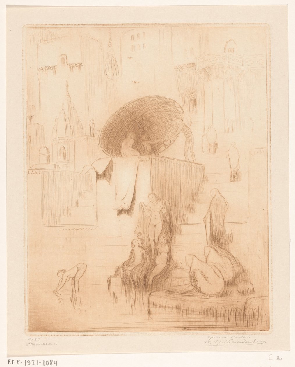 Badende und waschende Frauen am Ufer des Ganges in Benares von Wijnand Otto Jan Nieuwenkamp (signed by artist)