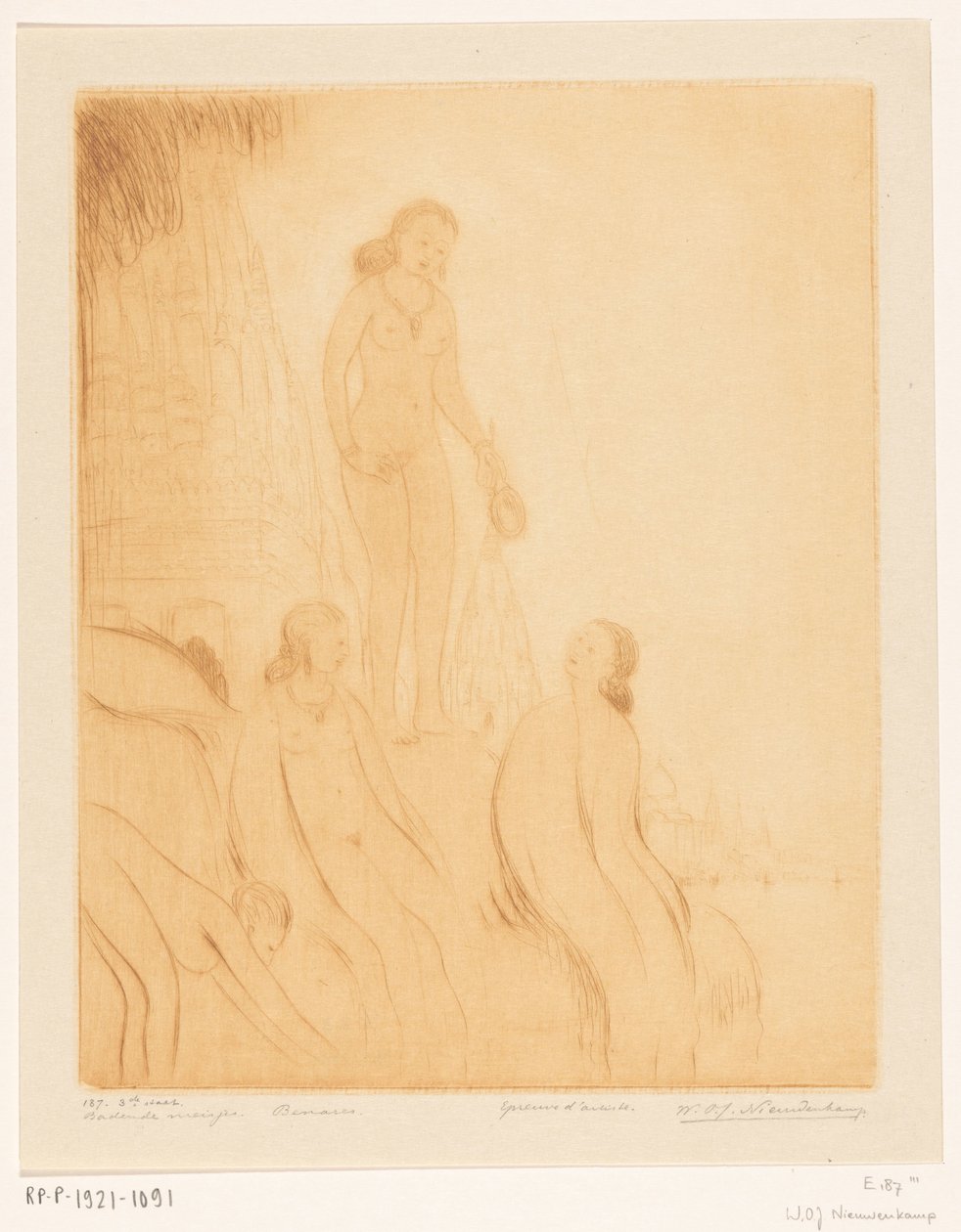 Badende Mädchen am Ufer des Ganges in Benares von Wijnand Otto Jan Nieuwenkamp (signed by artist)