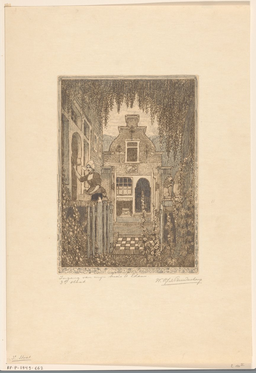 Frau in Tracht, die an eine Haustür in Edam klopft von Wijnand Otto Jan Nieuwenkamp (signed by artist)