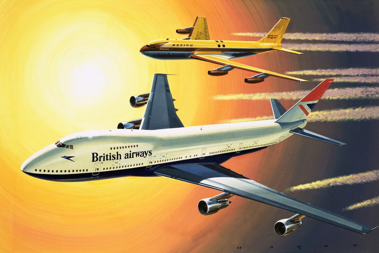 Boeing 747 mit Boeing 707 im Hintergrund von Wilf (20th century) Hardy