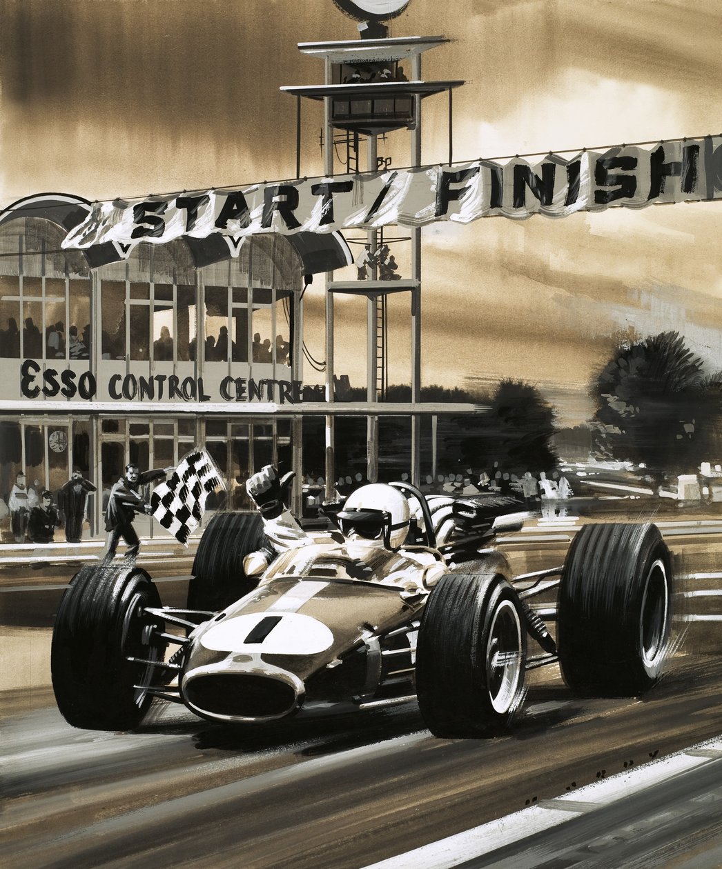 Jack Brabham zeigt den Daumen hoch, als er den ersten kanadischen Grand Prix gewinnt von Wilf (20th century) Hardy