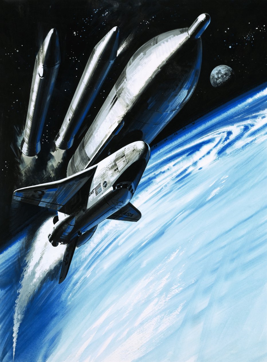 Das Space Shuttle im Moment, in dem es zwei seiner Raketentriebwerke abwirft von Wilf (20th century) Hardy