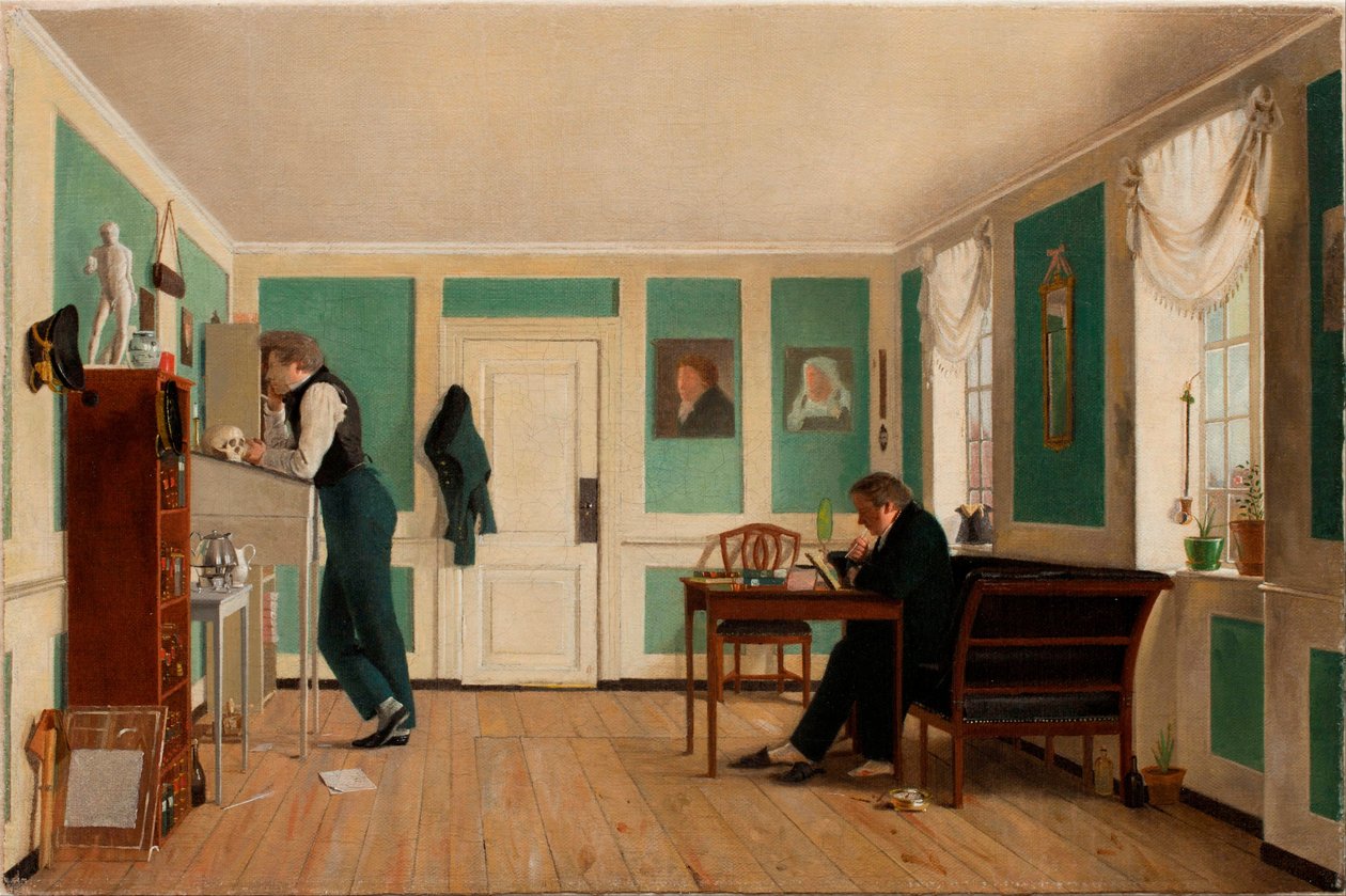 Innenraum von Amaliegade. Kapitän Carl Ludvig Bendz stehend und Dr. Jacob Christian Bendz sitzend von Wilhelm Bendz