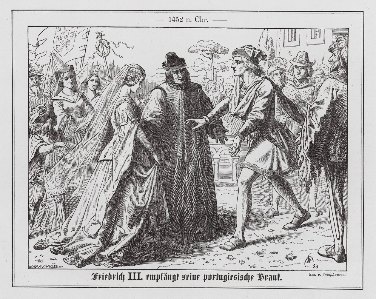 Der Heilige Römische Kaiser Friedrich III. begrüßt seine Verlobte, Eleonore von Portugal von Wilhelm Camphausen