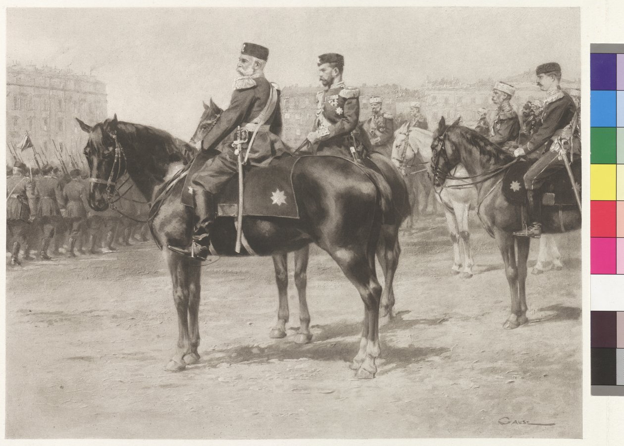 Kaiser Franz Joseph I und Zar Nikolaus II bei der Parade auf dem Champ-de-Mars in St. Petersburg von Wilhelm Gause