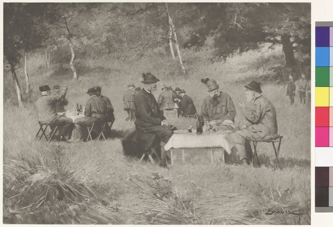 Jagdgesellschaft - Kaiser Franz Joseph am Tisch mit Prinz Leopold von Bayern und Großherzog Ferdinand IV. von Toskana von Wilhelm Gause