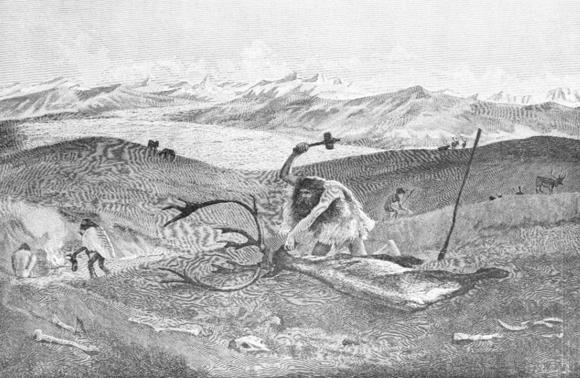 Prähistorie: Rentierjagd in einer Moränenlandschaft von Schwaben höher als die letzte Eiszeit; gemalt von W. Kranz nach einer Skizze von Professor Klaatsh. von Wilhelm Kranz