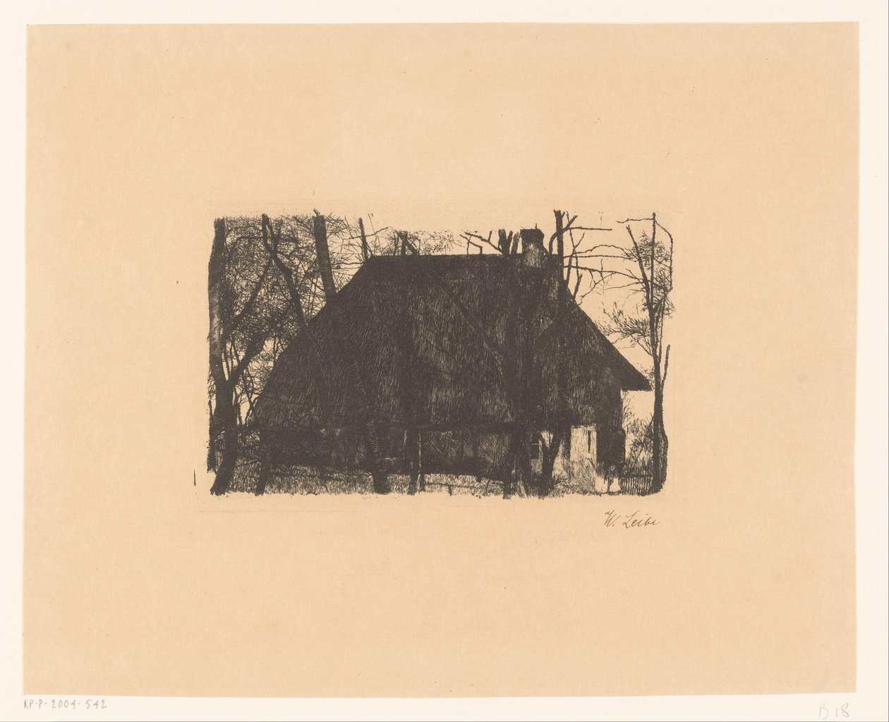 Bauernhof zwischen kahlen Bäumen von Wilhelm Maria Hubertus Leibl (signed by artist)