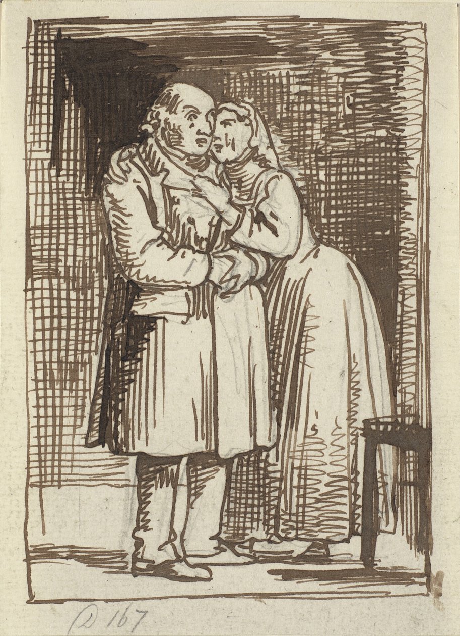 Die schmeichelnde Frau. Eine Frau spricht eindringlich zu ihrem alten Ehemann und hat die Arme um seinen Hals von Wilhelm Marstrand