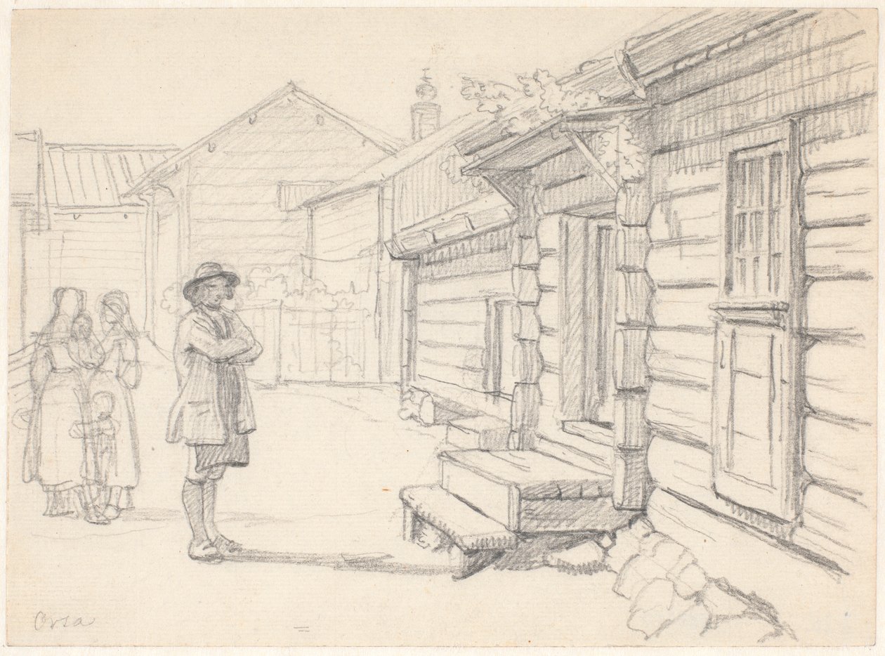 Straße in Orsa, Dalarne, mit zwei Frauen links und einem Kind und einem Mann von Wilhelm Marstrand