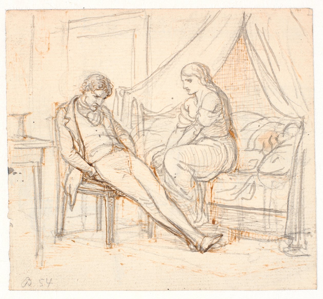 Innenraum mit melancholischem jungen Mann und einem Mädchen auf einem Bett von Wilhelm Marstrand
