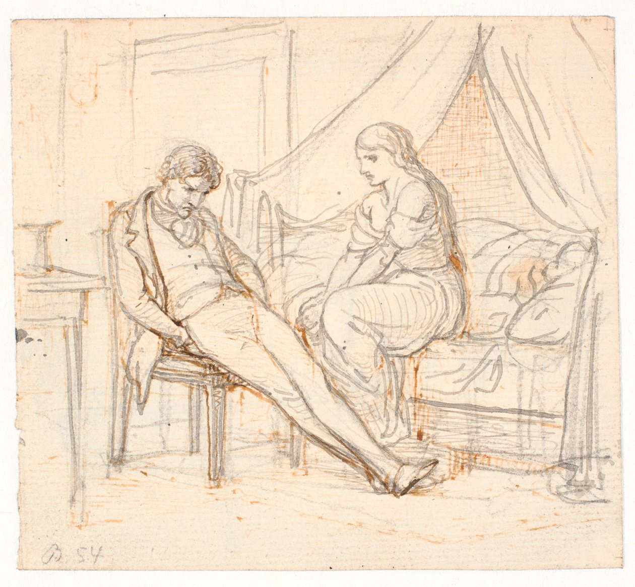 Innenraum mit melancholischem jungen Mann und einem Mädchen auf einem Bett von Wilhelm Marstrand