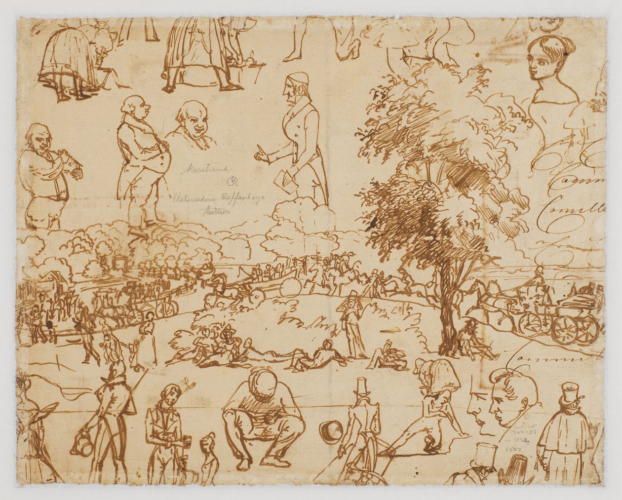 Landschaft mit Pferdewagen und zahlreichen Figurenskizzen von Wilhelm Marstrand