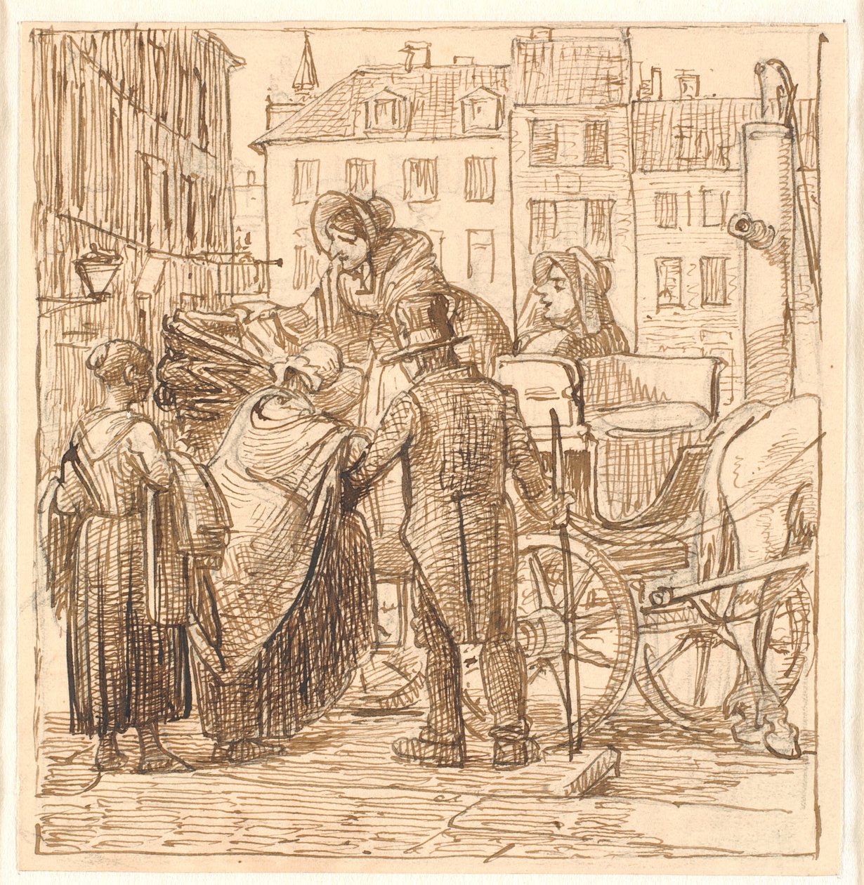 Die Damen steigen auf dem Hanserplatz in den Wagen von Wilhelm Marstrand