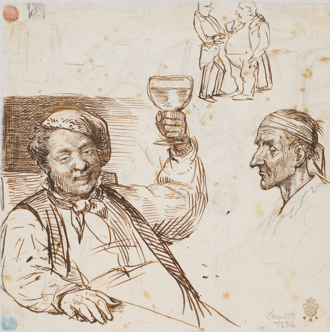 Mann mit Glas, Männerkopf sowie zwei Männer im Gespräch von Wilhelm Marstrand