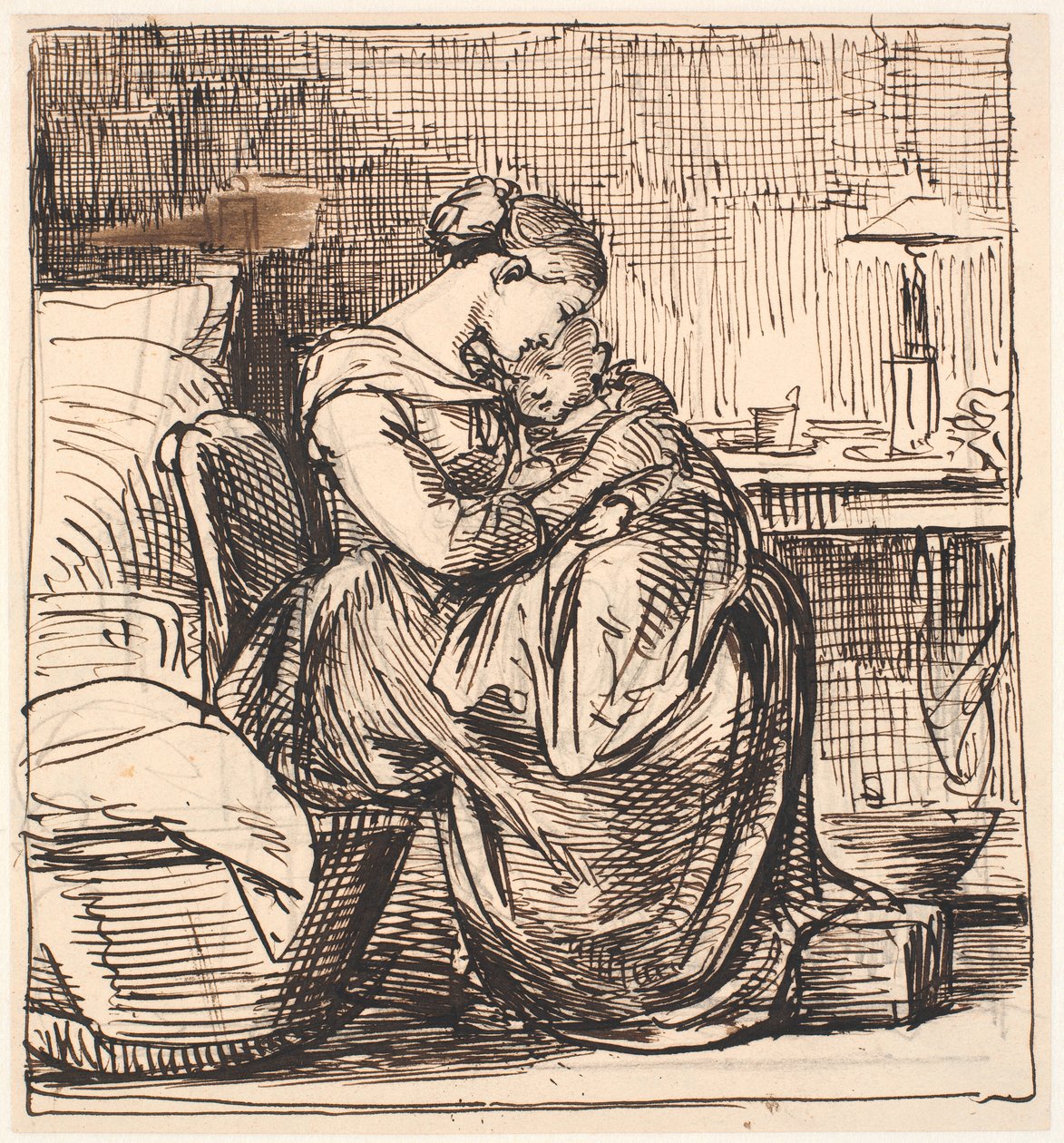 Mutter mit schlafendem Kind auf dem Schoß im Schlafzimmer von Wilhelm Marstrand