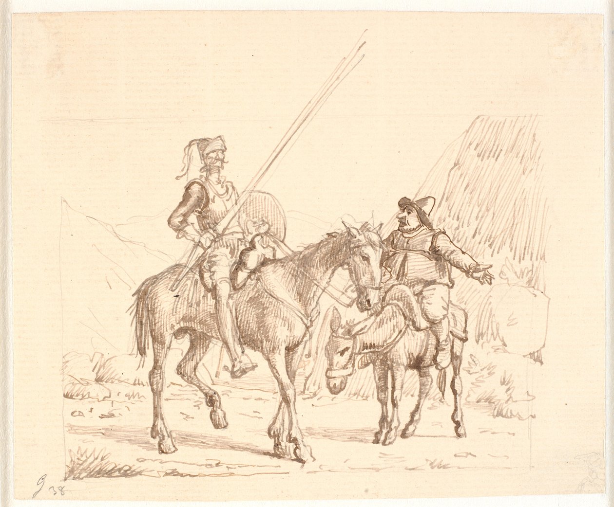 Sancho auf dem Esel erklärt Don Quixote etwas von Wilhelm Marstrand