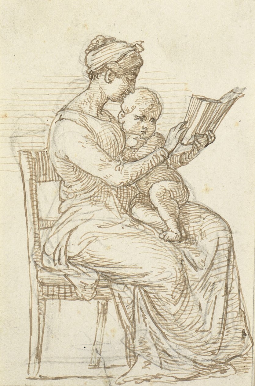 Sitzende Frau zeigt einem kleinen Kind ein Buch von Wilhelm Marstrand