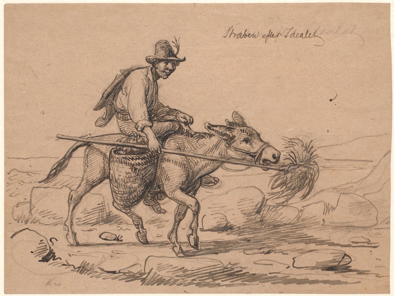 "Streben nach dem Ideal". Italienischer Eselreiter treibt das Tier an, indem er einen Büschel Heu an einer Stange vor seine Nase hält von Wilhelm Marstrand