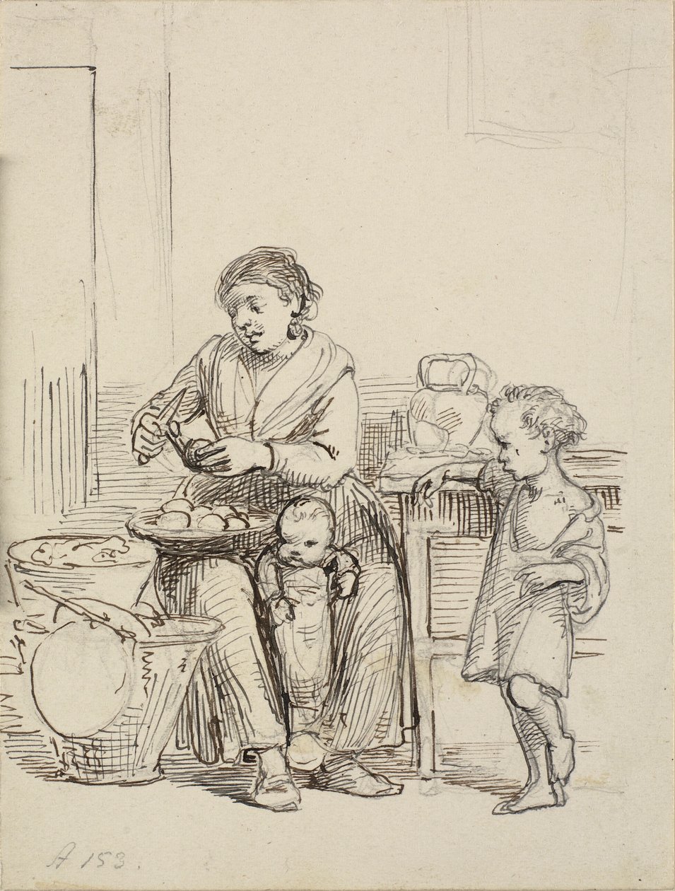 Zwei Kinder und eine Frau schälen Kartoffeln von Wilhelm Marstrand