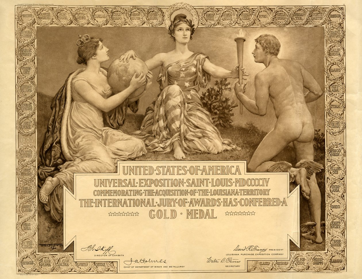 Louisiana Purchase Exposition Blanko-Goldmedaillen-Zertifikat, 1904 von Will H. Low
