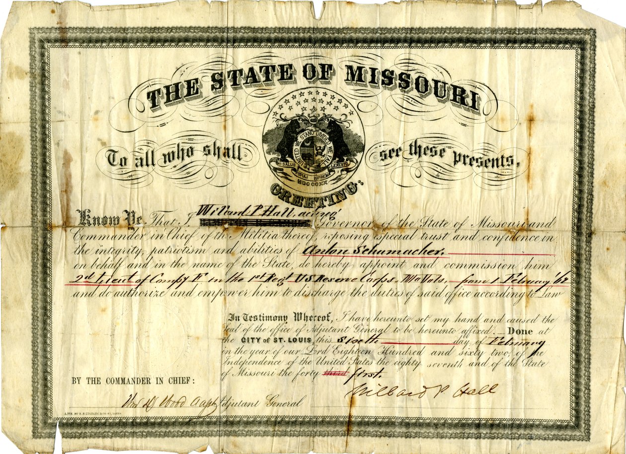 Militärkommission von Anton Schumacher als 2. Leutnant der Kompanie F im 1. Regiment U.S.R.C., Missouri Volunteers, 6. Februar 1862 von Willard P. Hall