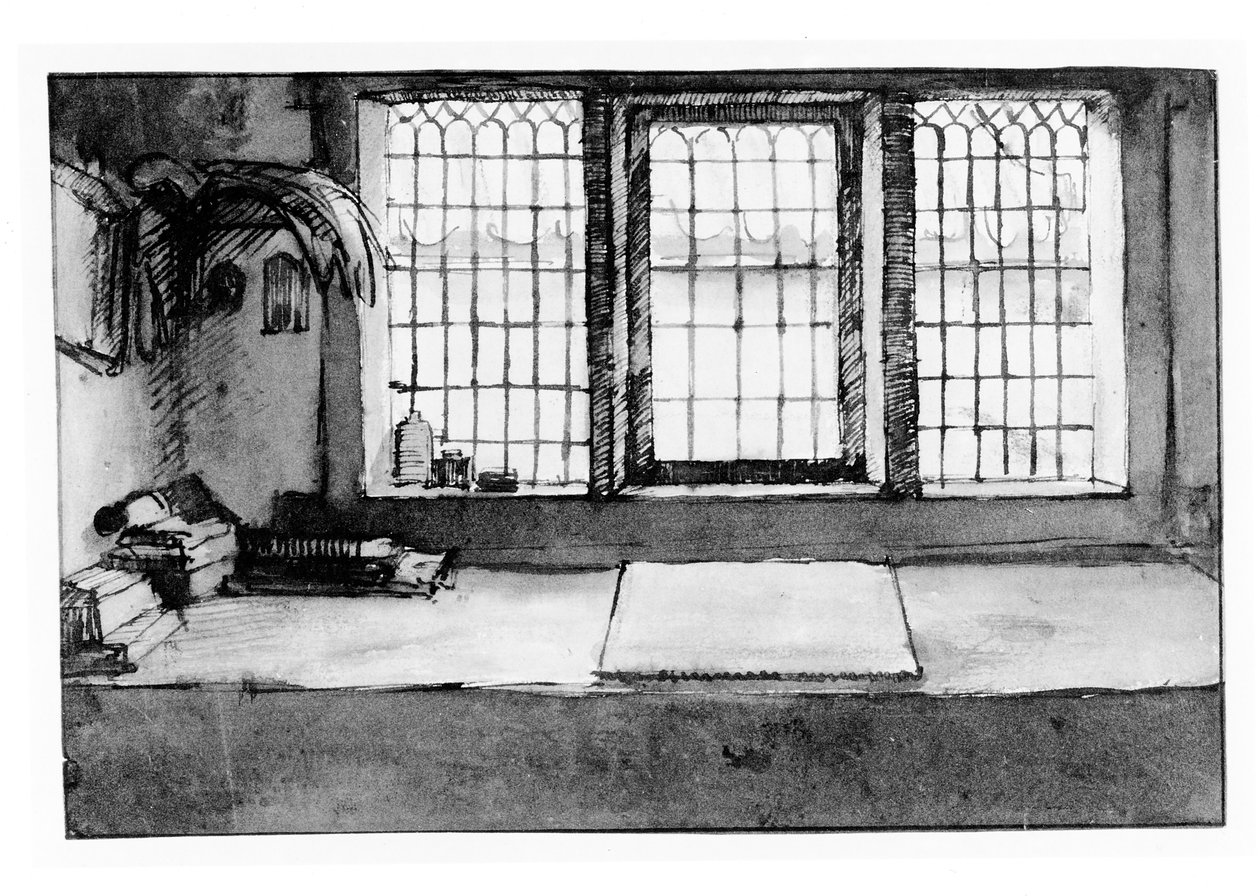 Arbeitstisch des Künstlers am Fenster mit Blick auf den Fluss, ca. 1650 von Willem Drost