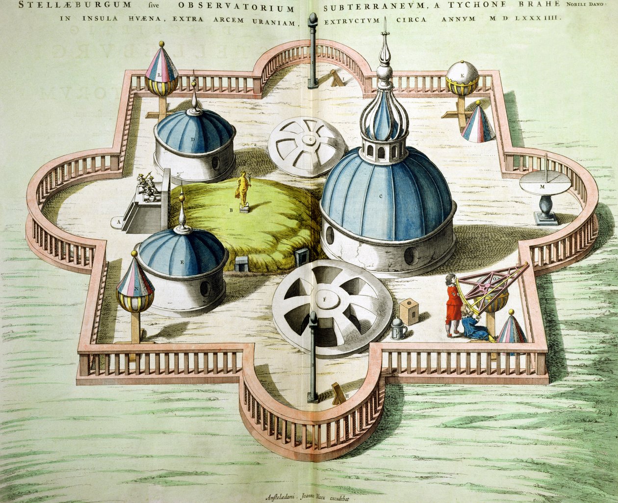 Gesamtansicht des Observatoriums von Uraniborg, erbaut um 1584 von Tycho Brahe (1546-1601) auf der Insel Hven, Dänemark aus 