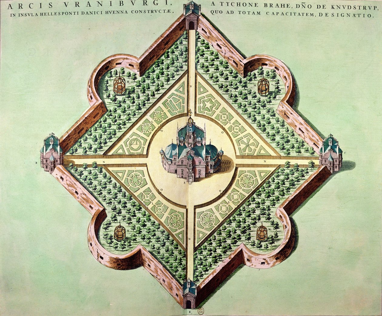 Plan des Schlosses und Observatoriums von Uraniborg, um 1584 von Tycho Brahe auf der Insel Hven, Dänemark, aus 