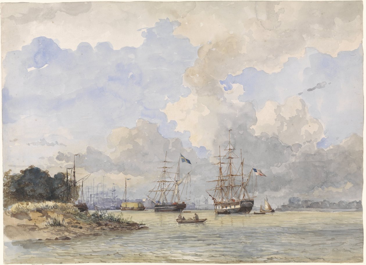 Maas vor Rotterdam, mit einem amerikanischen und schwedischen Schiff von Willem Anthonie van Deventer