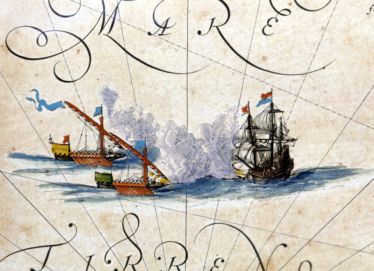 Schlacht zwischen zwei Galeeren und einer Karacke. Atlas von Willem Janszoon Blaeu (1571 - 1638) von Willem Blaeu