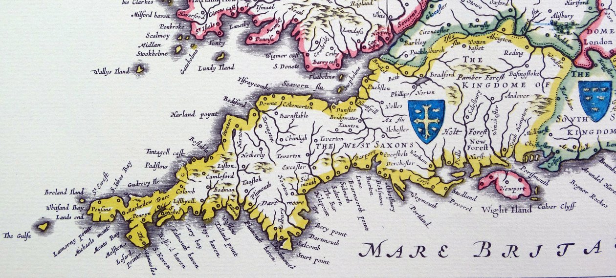 Schilde von Wessex und Sussex aus der Heptarchie; ein Sammelname für die angelsächsischen Königreiche von Willem Blaeu