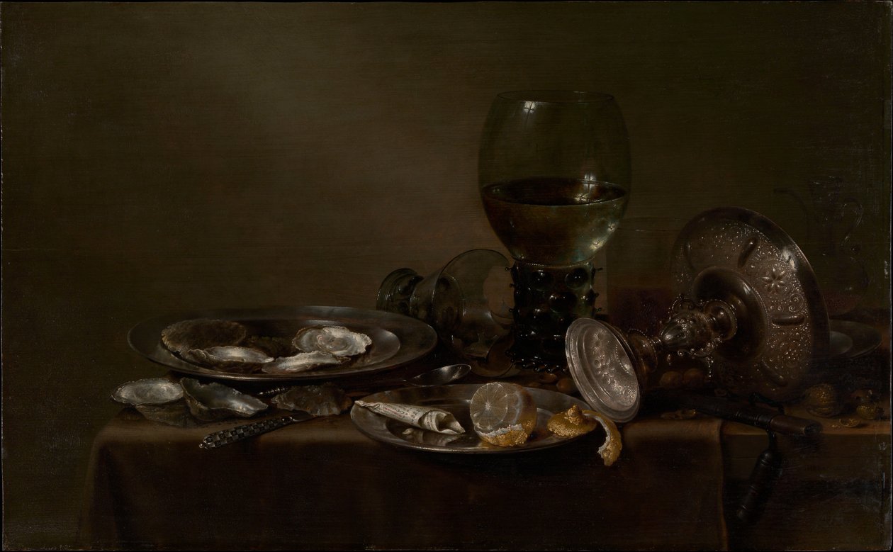 Stillleben mit Austern, einer silbernen Tazza und Glaswaren von Willem Claesz. Heda